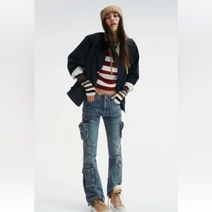 Free People We The Free Call Me Crazy Cargo Jeans Grommet Waist Blue Ballistic